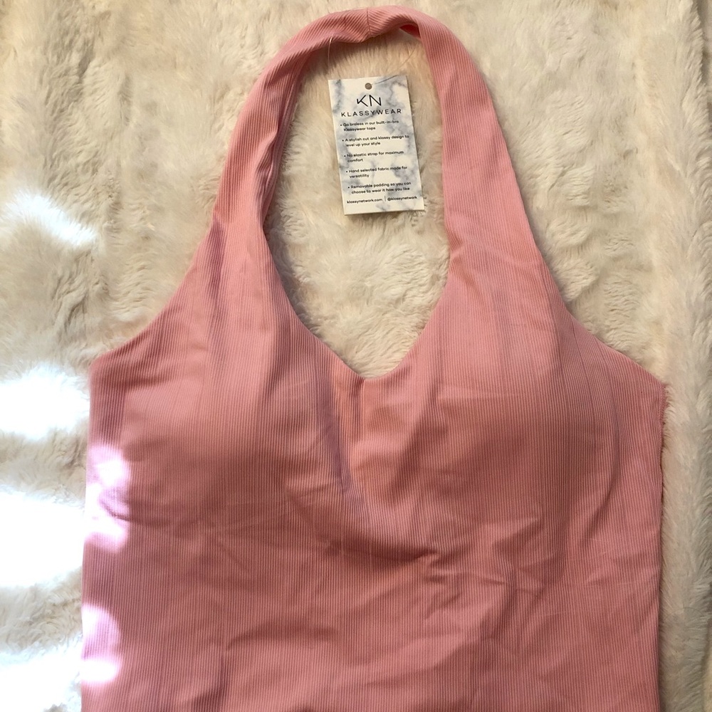 Pink Ribbed Halter Tank Top